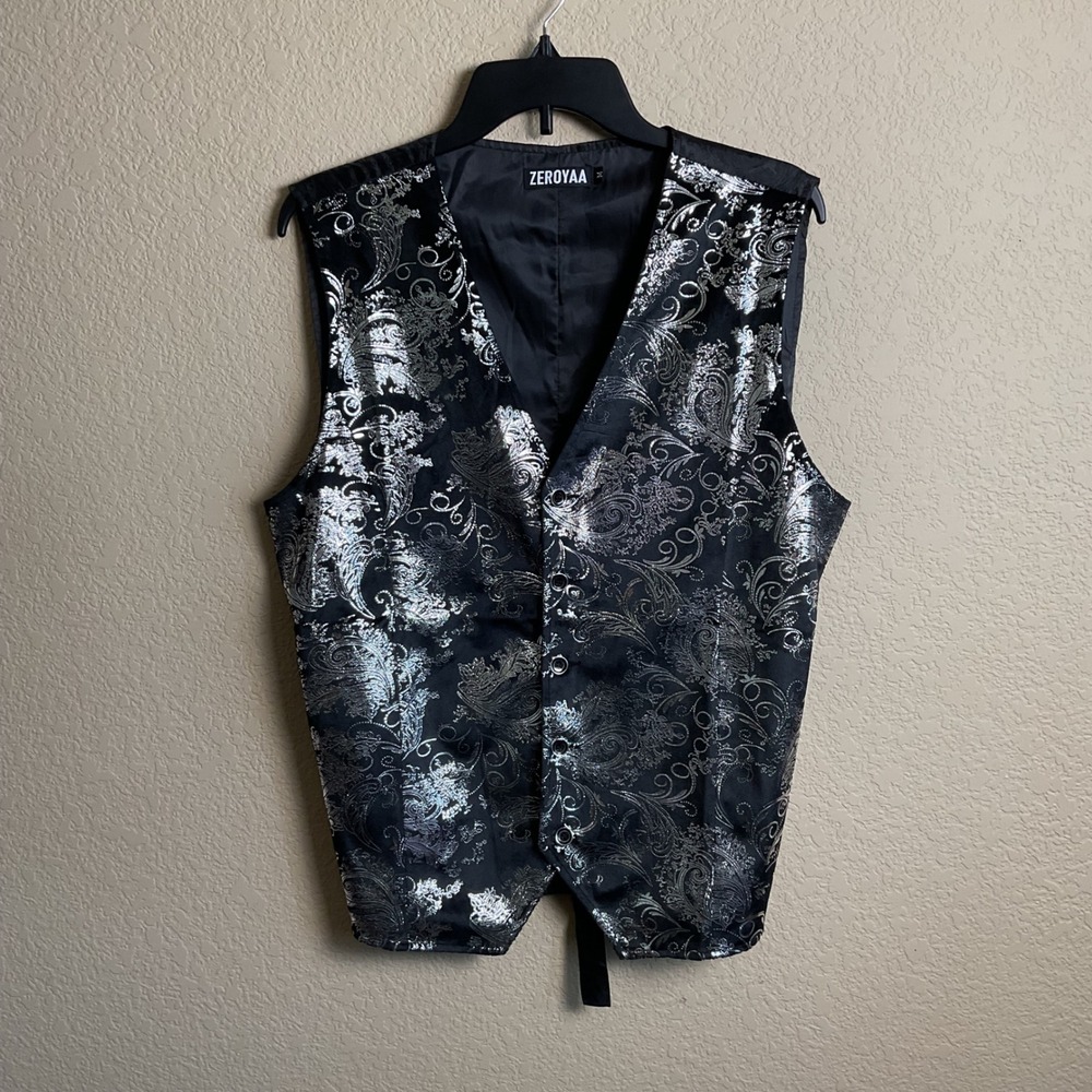 Zeroyaa Mens‎ Medium Black Silver Paisley Floral Print Button Up Vest Formal